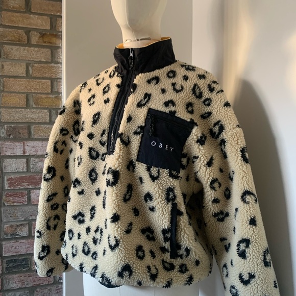OBEY | M | Chiller Leopard Stampa Teddy Fleece Pullover Jacket - Picture 10 of 12
